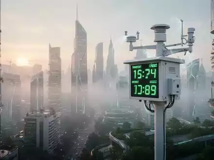 Ein futuristischer Stadtbild bei Sonnenaufgang mit einer Luftqualitätsmessstation im Vordergrund. Symbolisiert saubere Luft und Umweltregulierung. - Foto: über boerse-global.de