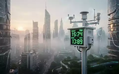 Ein futuristischer Stadtbild bei Sonnenaufgang mit einer Luftqualitätsmessstation im Vordergrund. Symbolisiert saubere Luft und Umweltregulierung. - Foto: über boerse-global.de