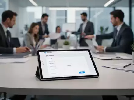 Ein Tablet auf einem Schreibtisch zeigt ein digitales Formular, im Hintergrund sind unscharf zusammenarbeitende Büroangestellte zu sehen. - Foto: über boerse-global.de
