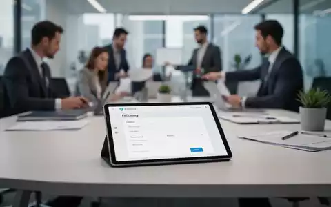 Ein Tablet auf einem Schreibtisch zeigt ein digitales Formular, im Hintergrund sind unscharf zusammenarbeitende Büroangestellte zu sehen. - Foto: über boerse-global.de