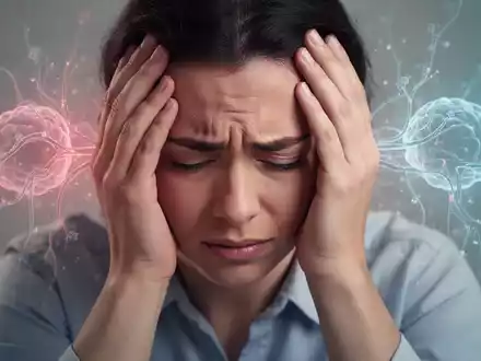 Hände halten den Kopf einer Person, die Schmerz oder Stress ausdrückt, mit abstrakten Elementen im Hintergrund. - Foto: über boerse-global.de