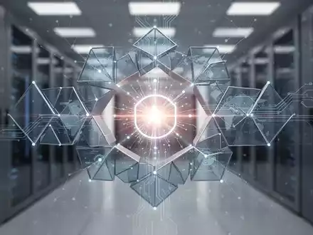 Abstrakte Darstellung von KI-Managementsystemen und Zertifizierung. Geometrische Formen symbolisieren ein sicheres, reguliertes KI-Netzwerk. - Foto: über boerse-global.de