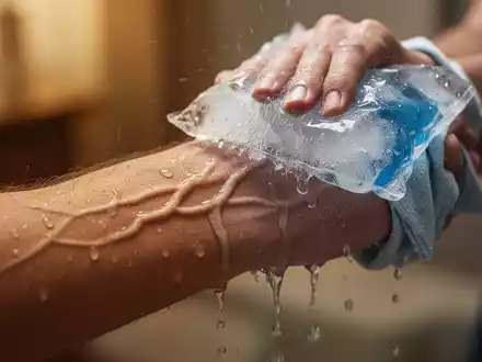 Nahaufnahme eines Handgelenks, das mit einem Eisbeutel oder feuchten Tuch gekühlt wird, um Hitze zu lindern. - Foto: über boerse-global.de