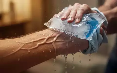 Nahaufnahme eines Handgelenks, das mit einem Eisbeutel oder feuchten Tuch gekühlt wird, um Hitze zu lindern. - Foto: über boerse-global.de