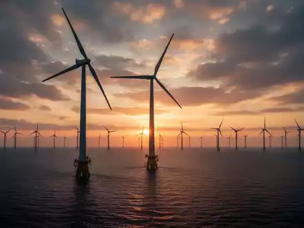 Ein riesiger Offshore-Windpark bei Sonnenuntergang, eine einzelne Windkraftanlage im Vordergrund als Silhouette. - Foto: über boerse-global.de