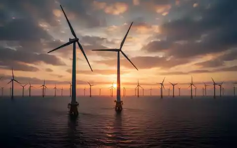 Ein riesiger Offshore-Windpark bei Sonnenuntergang, eine einzelne Windkraftanlage im Vordergrund als Silhouette. - Foto: über boerse-global.de