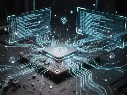 A stylized glowing circuit board, representing a GPU, with digital data streams and a holographic display of diagnostic code. - Foto: über boerse-global.de