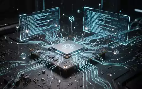 A stylized glowing circuit board, representing a GPU, with digital data streams and a holographic display of diagnostic code. - Foto: über boerse-global.de