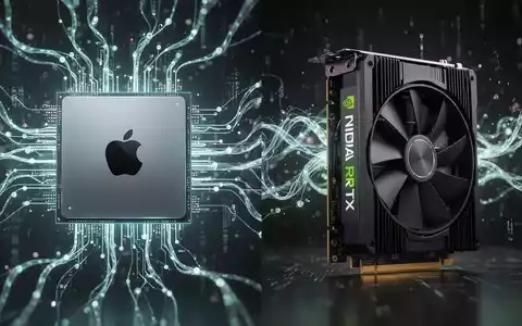 A glowing neural network over a split image of an Apple M-series chip and an NVIDIA RTX GPU, connected by data streams. - Foto: über boerse-global.de