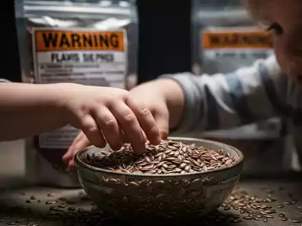 Eine kleine Kinderhand greift nach einer Schale mit Leinsamen, im Hintergrund ist ein unscharfes Warnetikett zu sehen. - Foto: über boerse-global.de