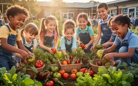 Glückliche Kinder ernten gemeinsam frisches Gemüse in einem Schulgarten, symbolisierend gesunde Ernährung und Bildung. - Foto: über boerse-global.de