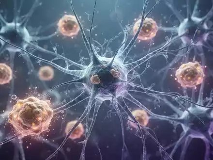 Nahaufnahme von Gehirnzellen, von denen einige gealtert erscheinen, umgeben von leuchtenden Amyloid-Plaques. - Foto: über boerse-global.de