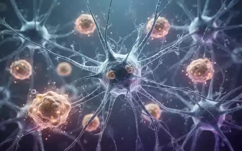 Nahaufnahme von Gehirnzellen, von denen einige gealtert erscheinen, umgeben von leuchtenden Amyloid-Plaques. - Foto: über boerse-global.de
