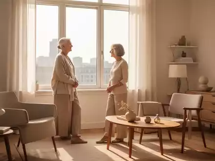 Eine ältere Person sitzt in einem minimalistischen, sonnendurchfluteten Apartment und schaut nachdenklich aus dem Fenster. - Foto: über boerse-global.de