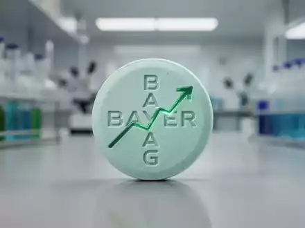 Eine einzelne Bayer AG Pille mit einer angedeuteten aufsteigenden Trendlinie, vor einem verschwommenen Laborhintergrund. - Foto: über boerse-global.de