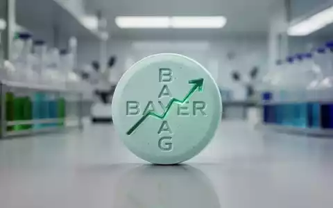 Eine einzelne Bayer AG Pille mit einer angedeuteten aufsteigenden Trendlinie, vor einem verschwommenen Laborhintergrund. - Foto: über boerse-global.de