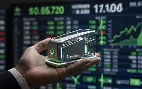 Eine Hand hält ein Modell einer Wasserstoff-Brennstoffzelle vor einem unscharfen Hintergrund mit Börsenkursen. - Foto: über boerse-global.de