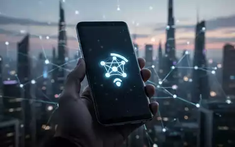 A hand holds a Samsung Galaxy smartphone displaying a network connectivity icon, with a blurred cityscape in the background. - Foto: über boerse-global.de