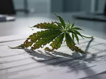 Welkes Cannabisblatt liegt auf Finanzdokumenten, symbolisiert Insolvenz in der Cannabisbranche. - Foto: über boerse-global.de