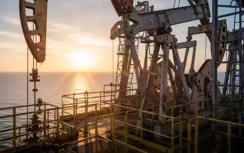 Eine Nahaufnahme einer Ölbohrplattform bei Sonnenaufgang, mit glitzernden Metallstrukturen und ruhigem Meer, das Stärke symbolisiert. - Foto: über boerse-global.de