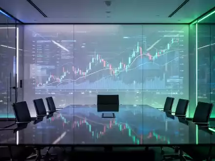Ein modernes Büro mit digitalen Finanzcharts, die auf eine Glaswand projiziert werden und sich in einem Konferenztisch spiegeln. - Foto: über boerse-global.de