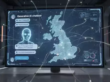 A digital interface showing a generative AI chatbot and a glowing map of the United Kingdom, representing AI advertising expansion. - Foto: über boerse-global.de