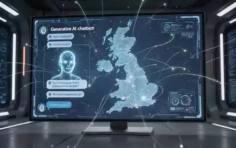 A digital interface showing a generative AI chatbot and a glowing map of the United Kingdom, representing AI advertising expansion. - Foto: über boerse-global.de