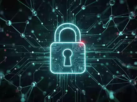 A glowing digital padlock icon overlaid on an abstract network of blue and green lines and nodes, symbolizing AI security. - Foto: über boerse-global.de
