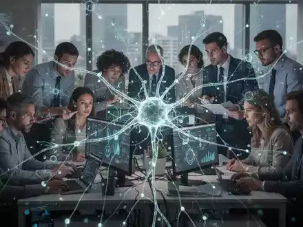 A glowing neural network overlaying diverse office workers, symbolizing AI's integration and impact on the global labor market. - Foto: über boerse-global.de