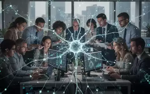 A glowing neural network overlaying diverse office workers, symbolizing AI's integration and impact on the global labor market. - Foto: über boerse-global.de
