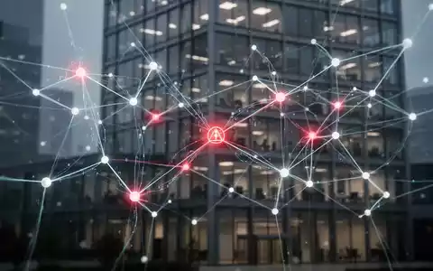 Ein Netzwerk aus leuchtenden Linien und Knoten über einem modernen Bürogebäude, einige Knoten rot hervorgehoben, symbolisiert Compliance-Risiken. - Foto: über boerse-global.de