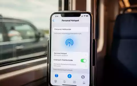 iPhone screen showing personal hotspot settings, with a blurred background suggesting travel in a car or train. - Foto: über boerse-global.de