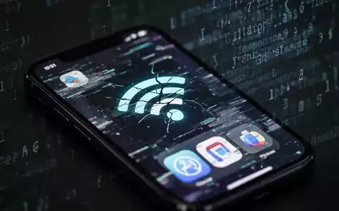Ein Smartphone-Bildschirm zeigt ein defektes WLAN-Symbol und eine gestörte App-Oberfläche, umgeben von verschwommenem Code. - Foto: über boerse-global.de