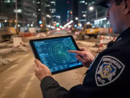 Ein Polizist verfolgt auf einem Tablet ein GPS-Signal, im unscharfen Hintergrund eine nächtliche Stadt oder Baustelle. - Foto: über boerse-global.de