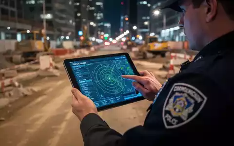 Ein Polizist verfolgt auf einem Tablet ein GPS-Signal, im unscharfen Hintergrund eine nächtliche Stadt oder Baustelle. - Foto: über boerse-global.de