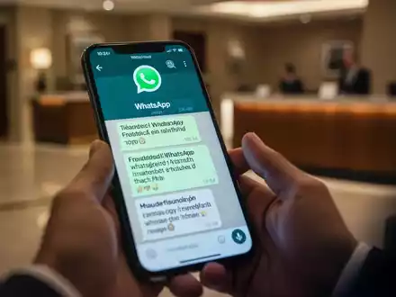 Ein Smartphone-Bildschirm zeigt eine betrügerische WhatsApp-Nachricht, mit unscharfen Händen im Vordergrund und einem Hotelempfang im Hintergrund. - Foto: über boerse-global.de