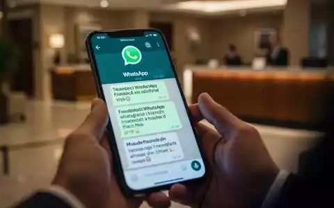 Ein Smartphone-Bildschirm zeigt eine betrügerische WhatsApp-Nachricht, mit unscharfen Händen im Vordergrund und einem Hotelempfang im Hintergrund. - Foto: über boerse-global.de