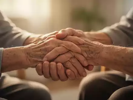 Hände einer jüngeren Person halten sanft die Hand einer älteren Person, symbolisierend Unterstützung und Fürsorge in der Pflege. - Foto: über boerse-global.de