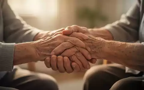 Hände einer jüngeren Person halten sanft die Hand einer älteren Person, symbolisierend Unterstützung und Fürsorge in der Pflege. - Foto: über boerse-global.de