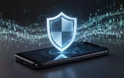 A glowing shield icon on a smartphone screen, with binary code in the background, symbolizing digital security and app protection. - Foto: über boerse-global.de