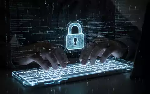 A shadowy figure's hands typing on a glowing holographic keyboard with digital code and a lock icon, symbolizing AI cyber threats. - Foto: über boerse-global.de
