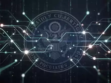 Abstrakte Darstellung von digitalem Datenfluss und Sicherheit, mit leuchtenden Linien und Knoten, die vernetzte Systeme symbolisieren, überlagert von einem subtilen, staatlichen Siegel. - Foto: über boerse-global.de