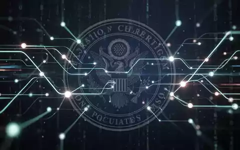 Abstrakte Darstellung von digitalem Datenfluss und Sicherheit, mit leuchtenden Linien und Knoten, die vernetzte Systeme symbolisieren, überlagert von einem subtilen, staatlichen Siegel. - Foto: über boerse-global.de