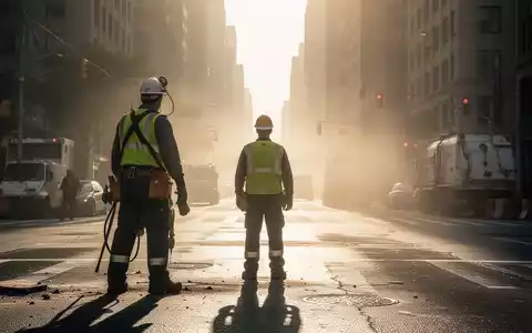 Ein Arbeiter in Arbeitskleidung blickt auf eine flimmernde Hitzewelle über einer Stadtstraße, die die Belastung durch Hitze bei der Arbeit darstellt. - Foto: über boerse-global.de