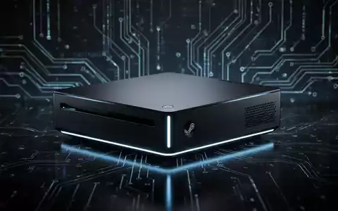 A sleek, futuristic gaming console, possibly a Steam Machine, glowing subtly on a dark, reflective surface with abstract digital patterns. - Foto: über boerse-global.de