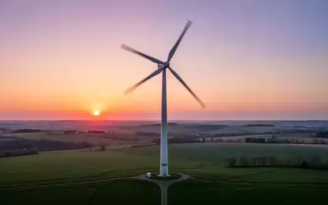 Eine einzelne Nordex-Windkraftanlage bei Sonnenaufgang, vor einem weiten, grünen Landschaftshintergrund. - Foto: über boerse-global.de