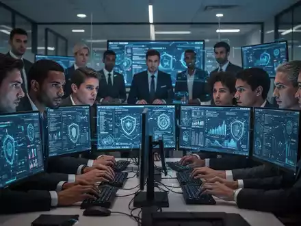 Finanzfachleute in einem modernen Büro, die an einer Cybersecurity-Schulung teilnehmen, Bildschirme spiegeln sich in ihren Gesichtern. - Foto: über boerse-global.de