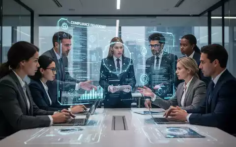 Geschäftsleute diskutieren um eine holografische Projektion von Daten und Compliance-Frameworks, was die Integration von KI-Governance widerspiegelt. - Foto: über boerse-global.de