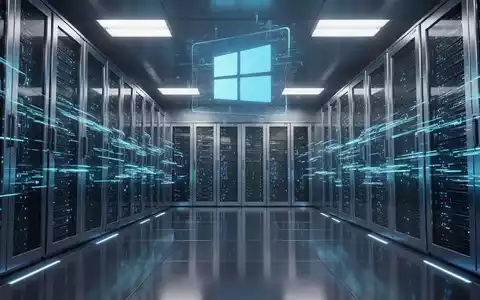 Sleek server room with glowing blue data streams, a holographic Windows logo, and IT professionals working on computers. - Foto: über boerse-global.de