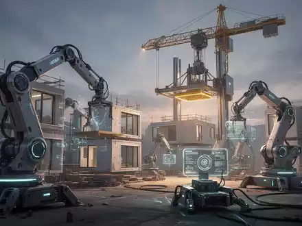 Robotic arms and a large 3D printer crane construct a building at a futuristic construction site at twilight. - Foto: über boerse-global.de